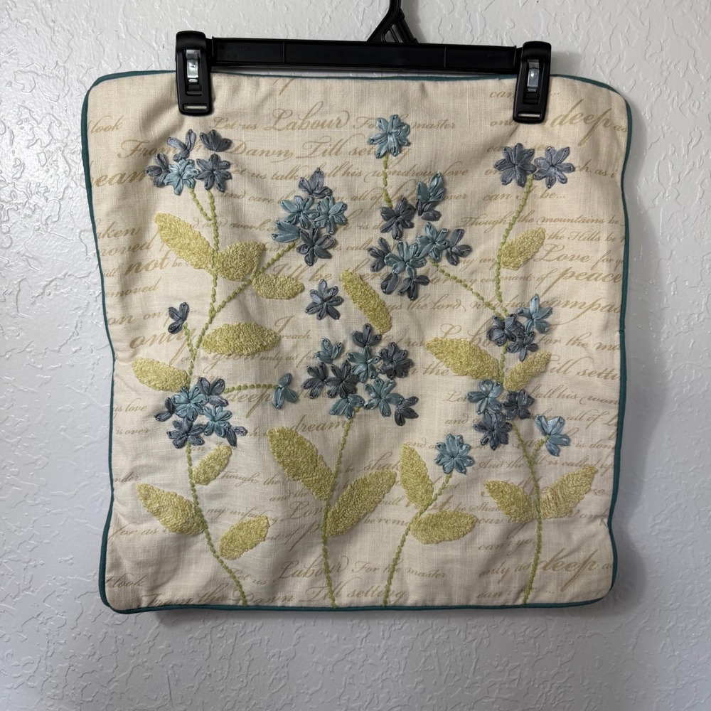 Pier 1 Floral Ribbon Embroidery Script Throw Pillow Cover Cream Teal 18x18
